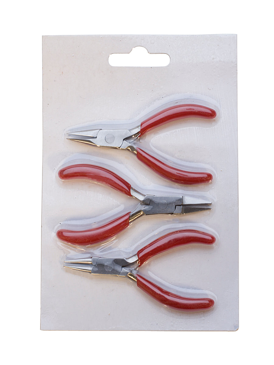 3 inch 3 piece mini plier set with red handles including chain, flat, and round pliers in blister packaging
