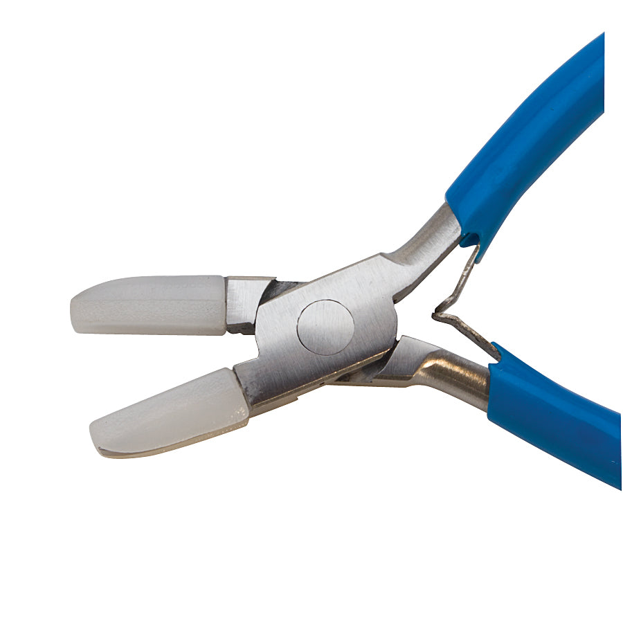 3-inch mini flat nose pliers with nylon jaws and blue PVC grips for precision tasks