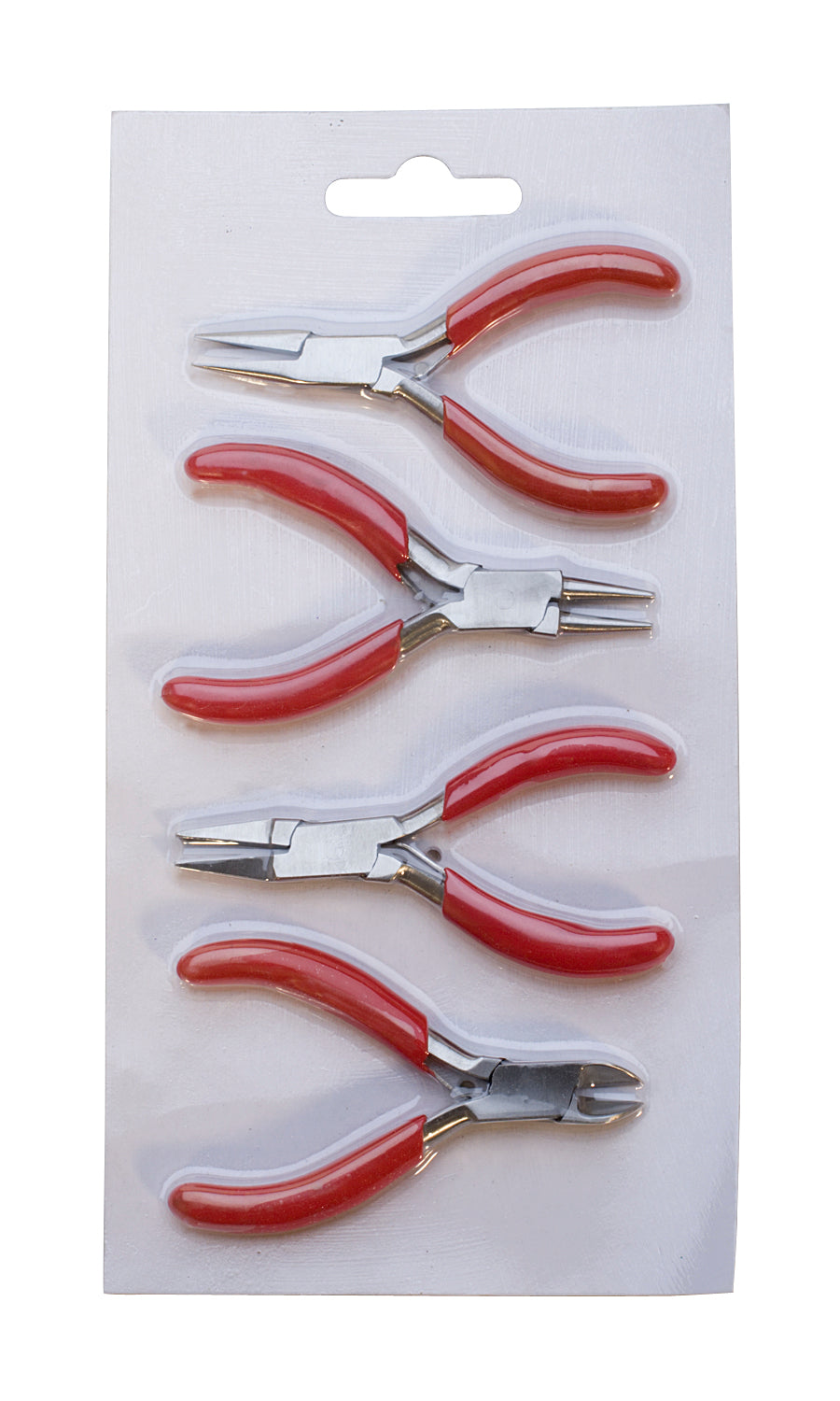 3-inch 4 Piece Mini Plier Set with red handles including chain-nose, flat-nose, round-nose, and sidecutters in compact packaging