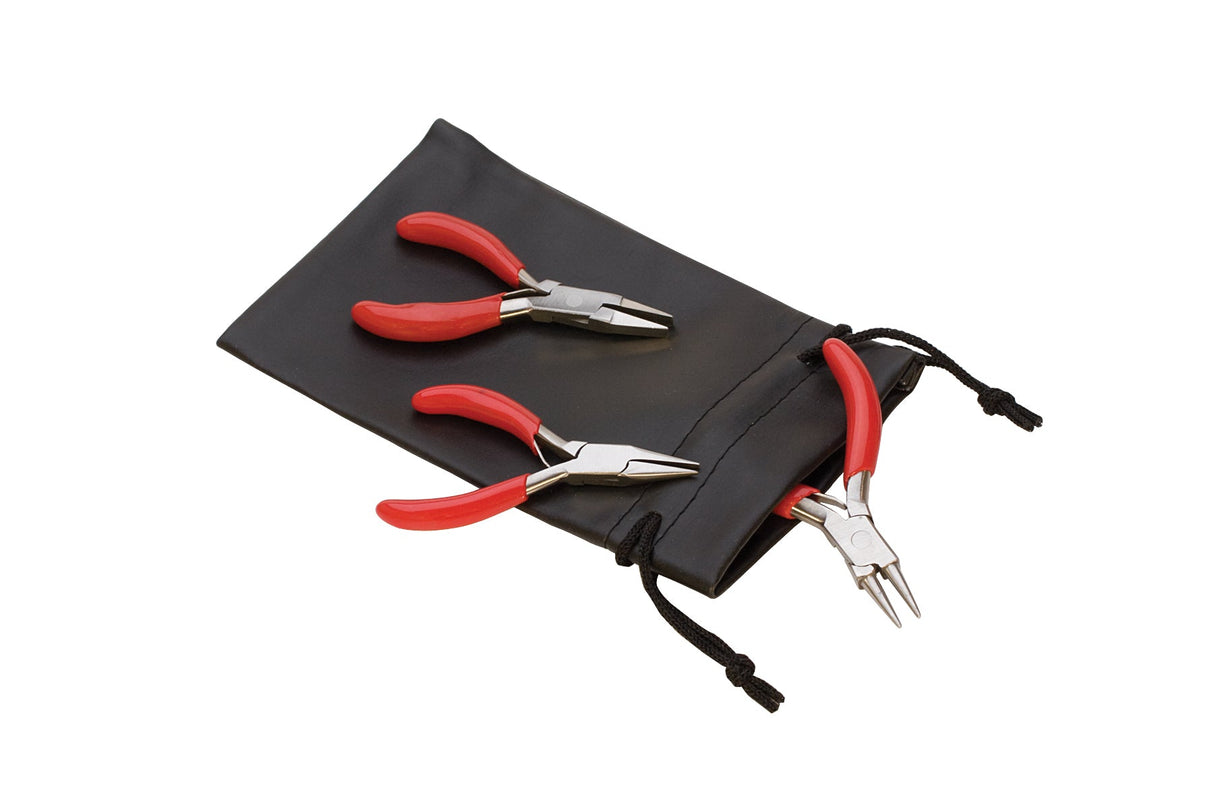 3 Piece Pocket Plier Set with red handles and black carrying pouch compact tool kit