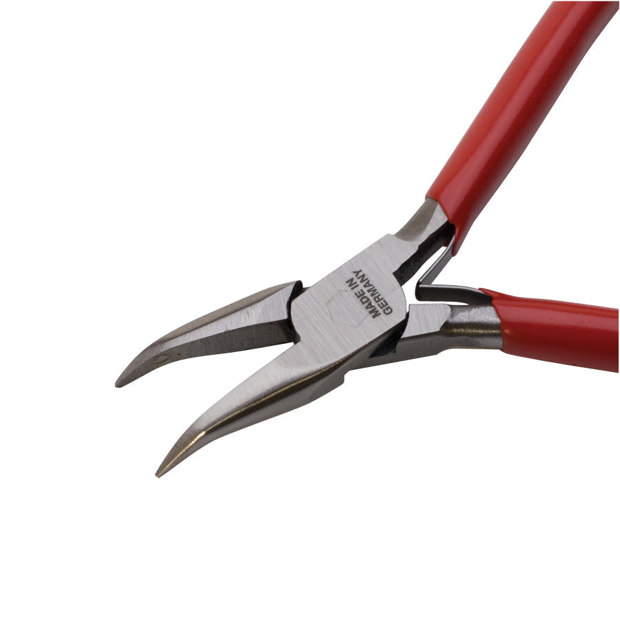 4-1/2 inch lap-joint bent nose pliers with red cushioned grips made in Germany