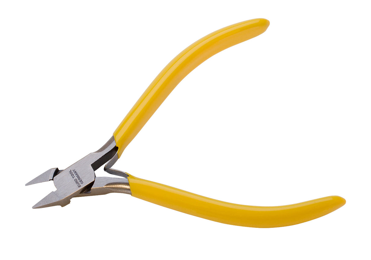4-1/2 inch German-made full flush cutters with pointed jaws and yellow ergonomic handles for precise jewelry wire cutting