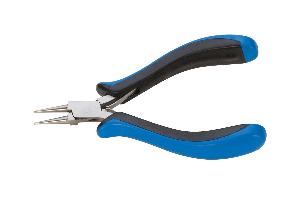 5-inch 2K Ecco Ergonomic Round Nose Pliers with blue and black ergonomic handles and stainless steel round nose tips