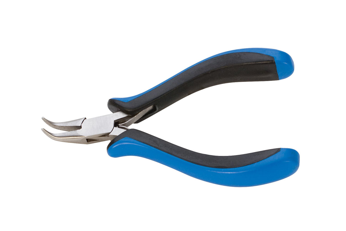 5-inch Ecco ergonomic bent nose pliers with blue non-slip handles and stainless steel jaws