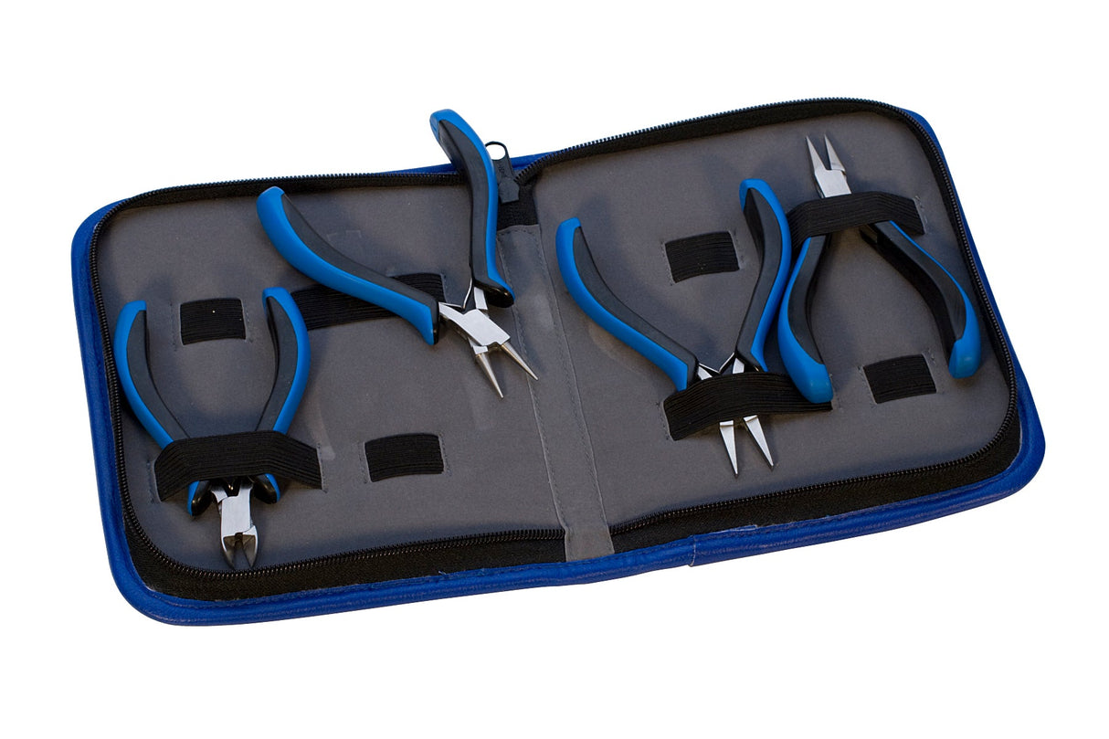 5-inch 4 piece 2K Ecco Ergonomic Plier Set with blue non-slip handles in a carrying case