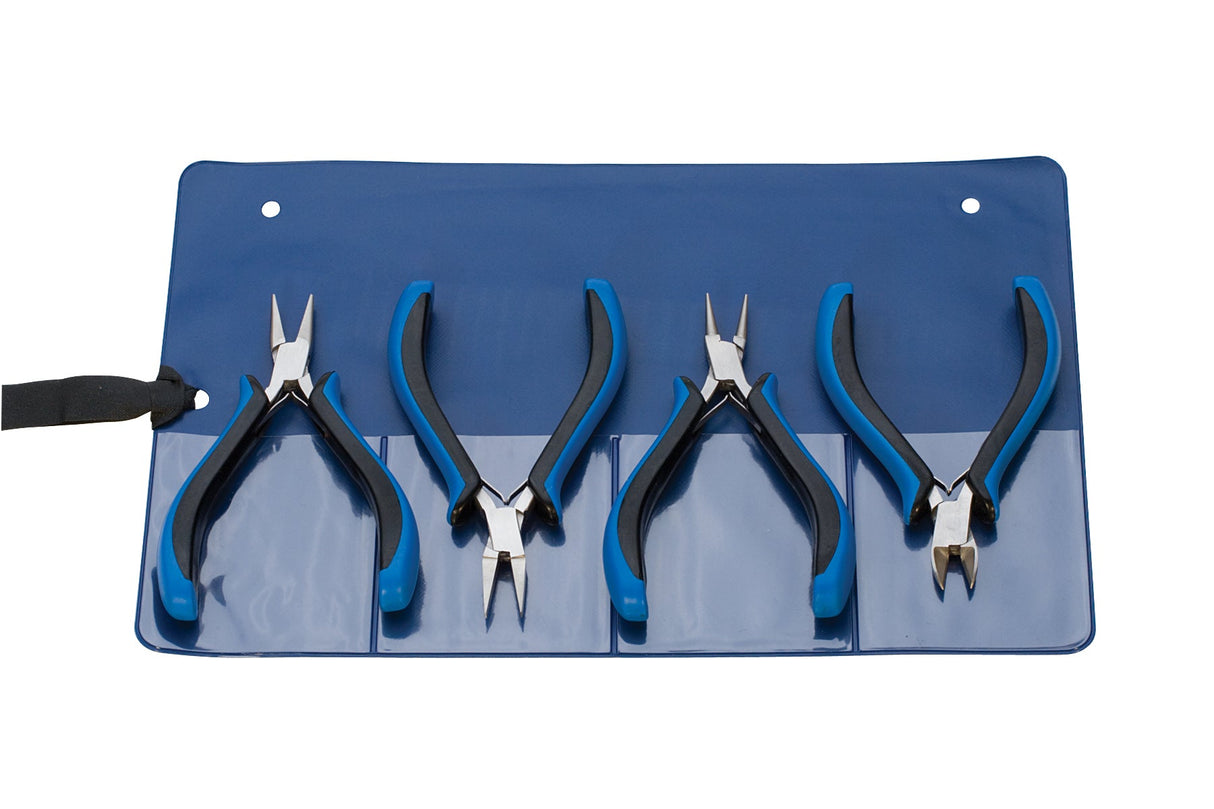 5 inch 4 piece Ecco ergonomic plier set with blue non-slip grips and stainless steel construction in a blue pouch