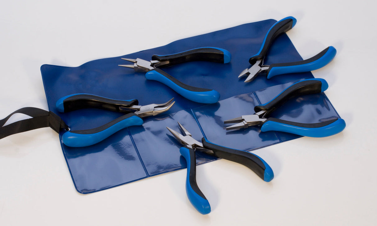 5 Piece 2K Ecco Ergonomic Plier Set with blue and black handles on blue tool roll, stainless steel construction and non-slip grips