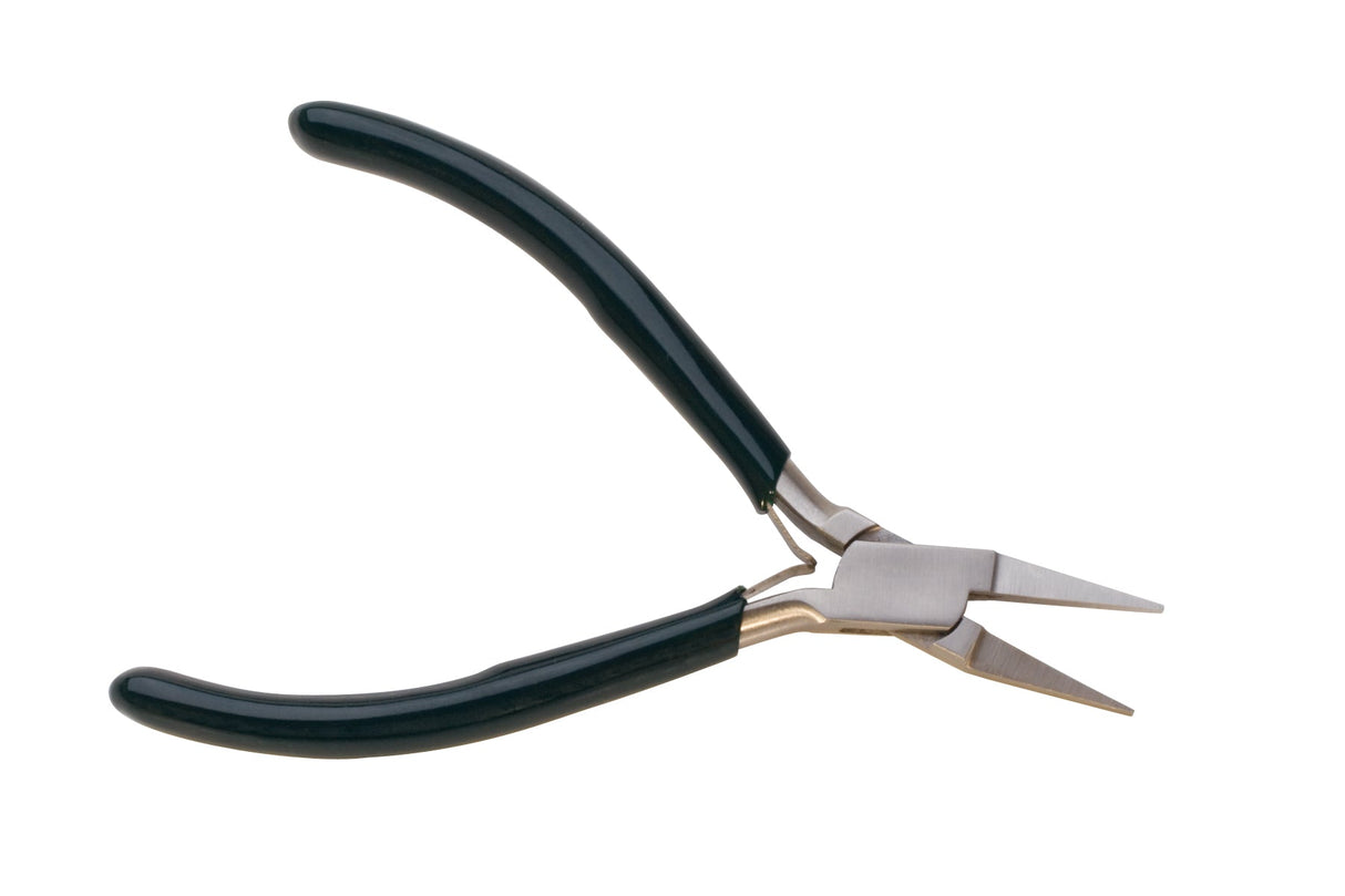 4-1/2" flat nose pliers with black handles for precise, delicate tasks and comfortable grip