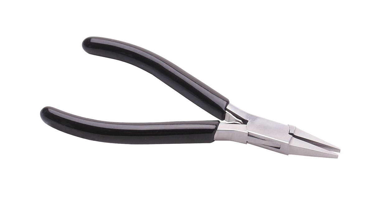 4-1/2 inch narrow jaw flat nose pliers with black PVC grips and extra-narrow 2.2 mm tip for precise wire bending