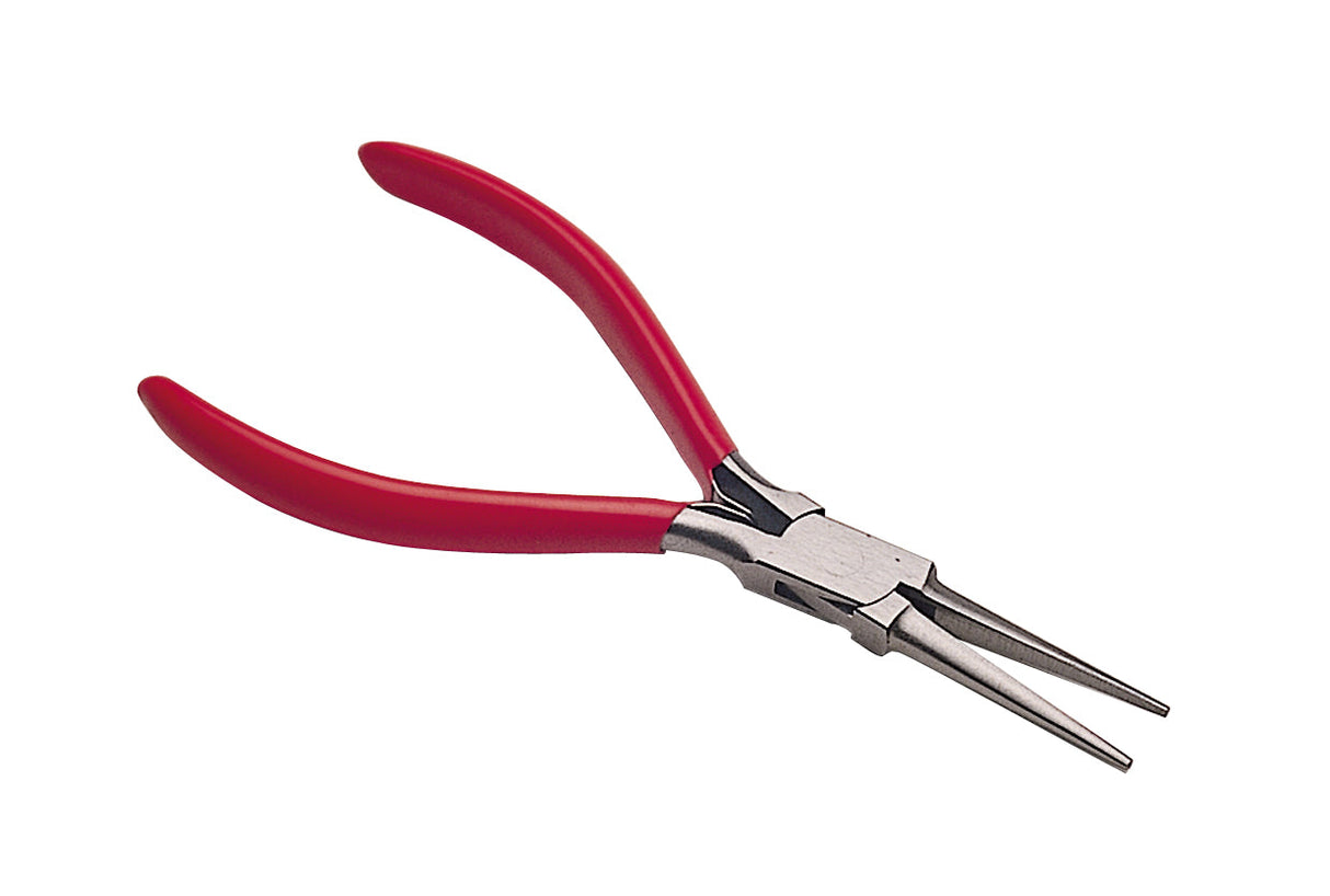 5-1/2" box-joint needle nose pliers with red handles and extra-long jaws for precise gripping tasks