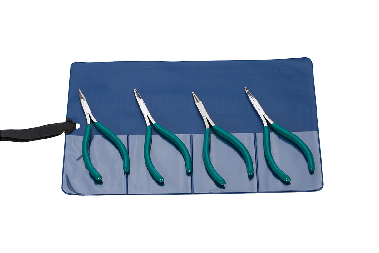 5" 4-piece micro mini plier set with green handles in blue storage pouch for precision tasks