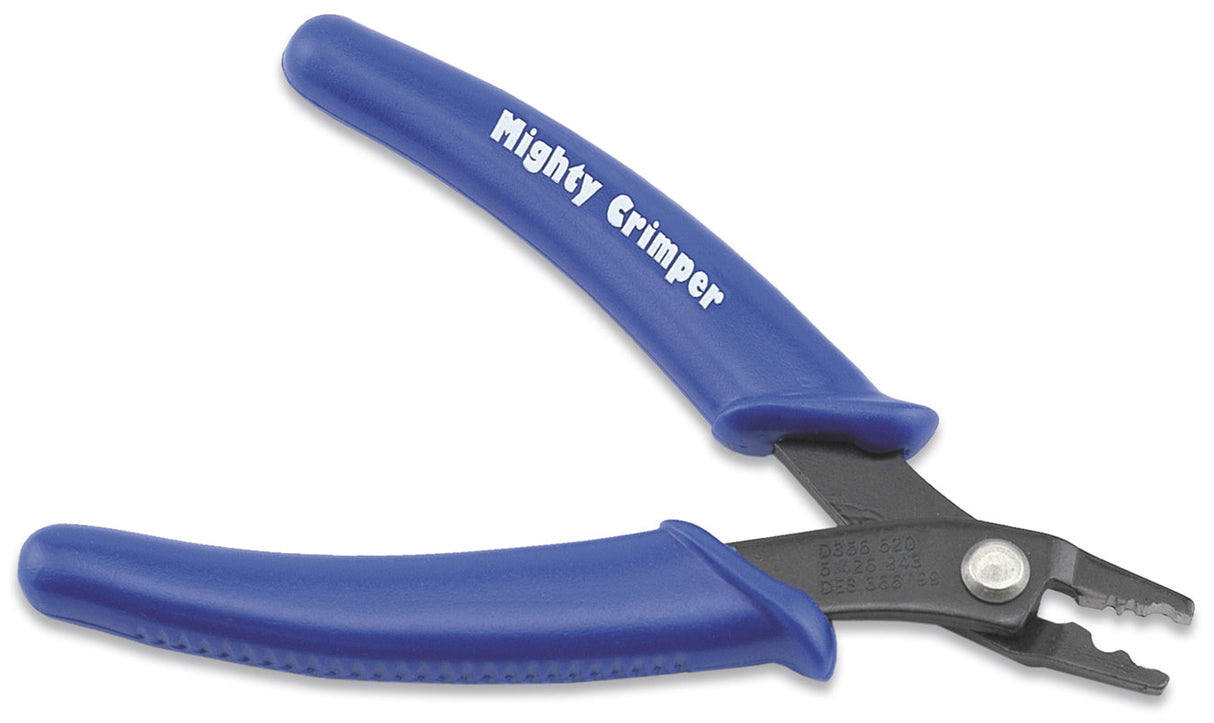 Mighty Crimper bead crimping tool with blue ergonomic handles and rounded jaws for 3mm beads