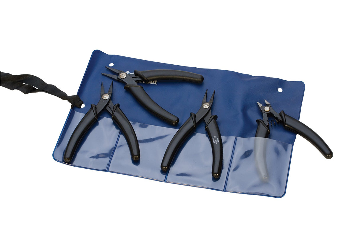 5-inch Euro Tech plier set with black comfort grips and fine precision points in blue storage pouch