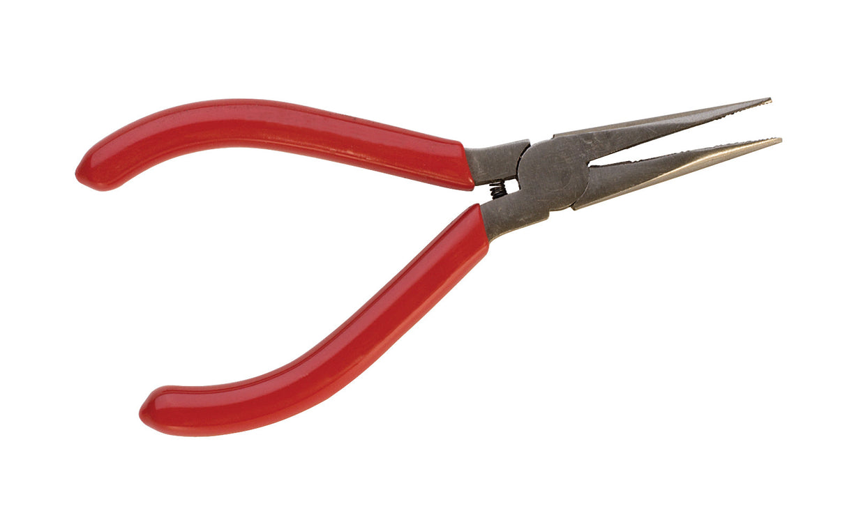 5-inch long nose pliers with red cushioned grips and built-in side cutters for precision tasks