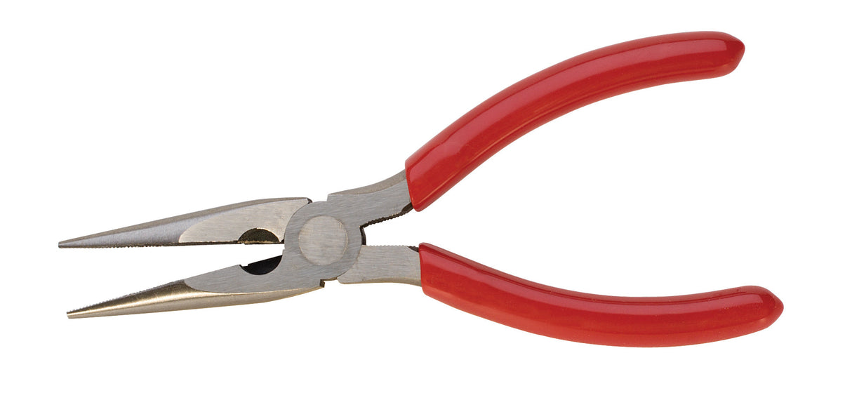 6-1/2 inch serrated long pliers with red cushioned handles and side cutters for precision gripping and cutting