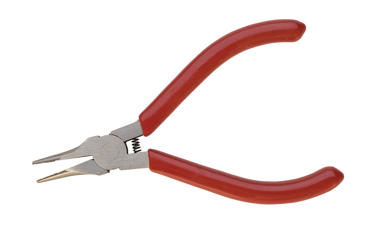 4-1/2" serrated needle nose pliers with red handles for precise gripping and bending tasks