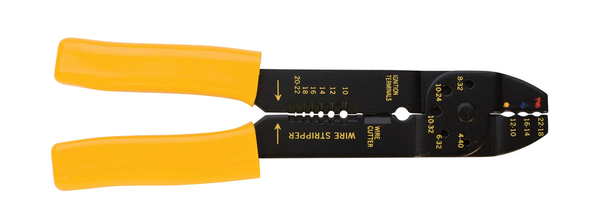 8-1/2 inch wire crimping tool pliers with yellow handles for cutting and crimping wires across multiple gauges