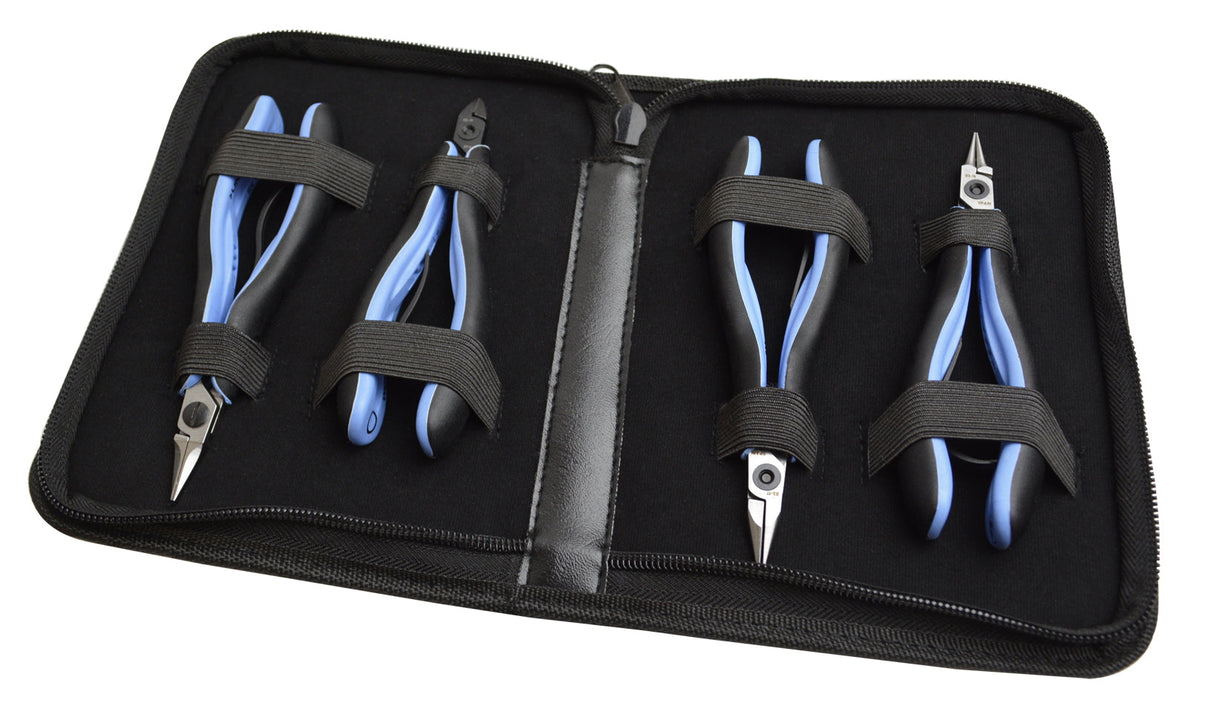 Lindstrom RX Plier Kit 4-piece set with blue-handled precision jewelry pliers in black carrying case