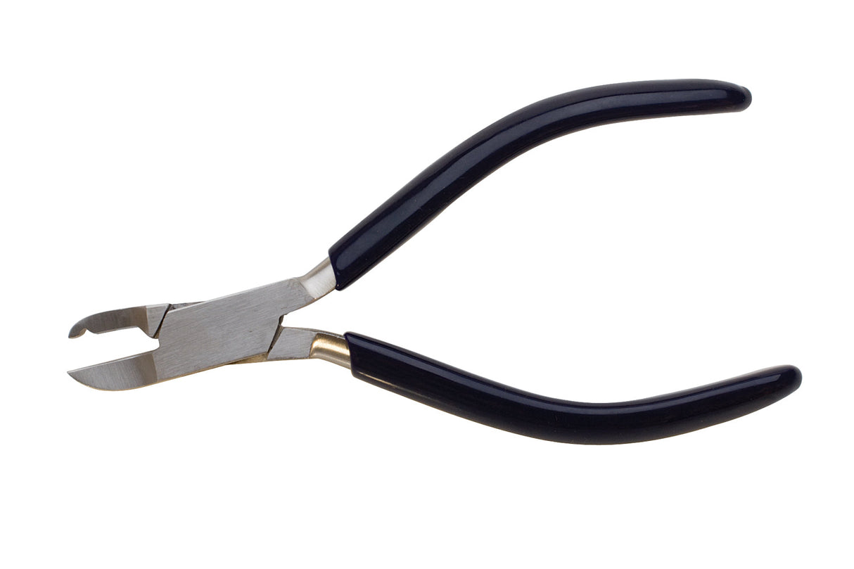 5-1/4" stainless steel stone setting pliers with grooved jaw and black ergonomic handles for precise jewelry prong setting