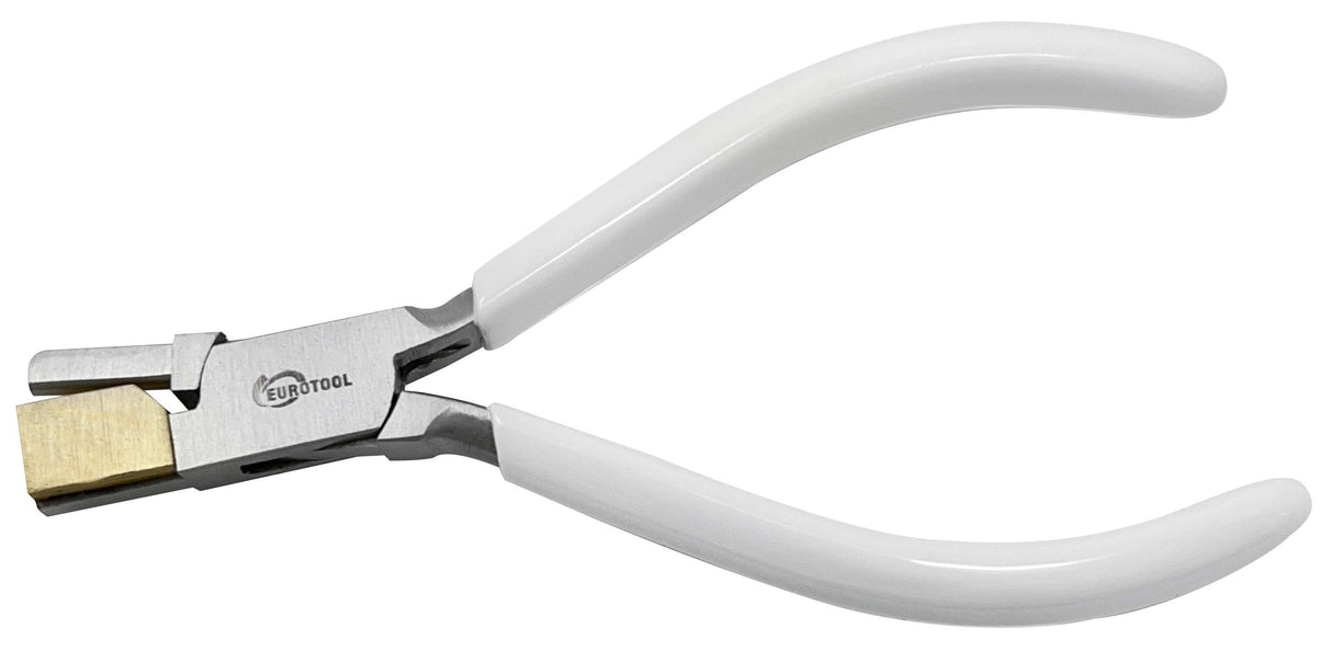 5-1/2 inch bow closing pliers with brass jaws and white handles for jewelry shaping and finishing