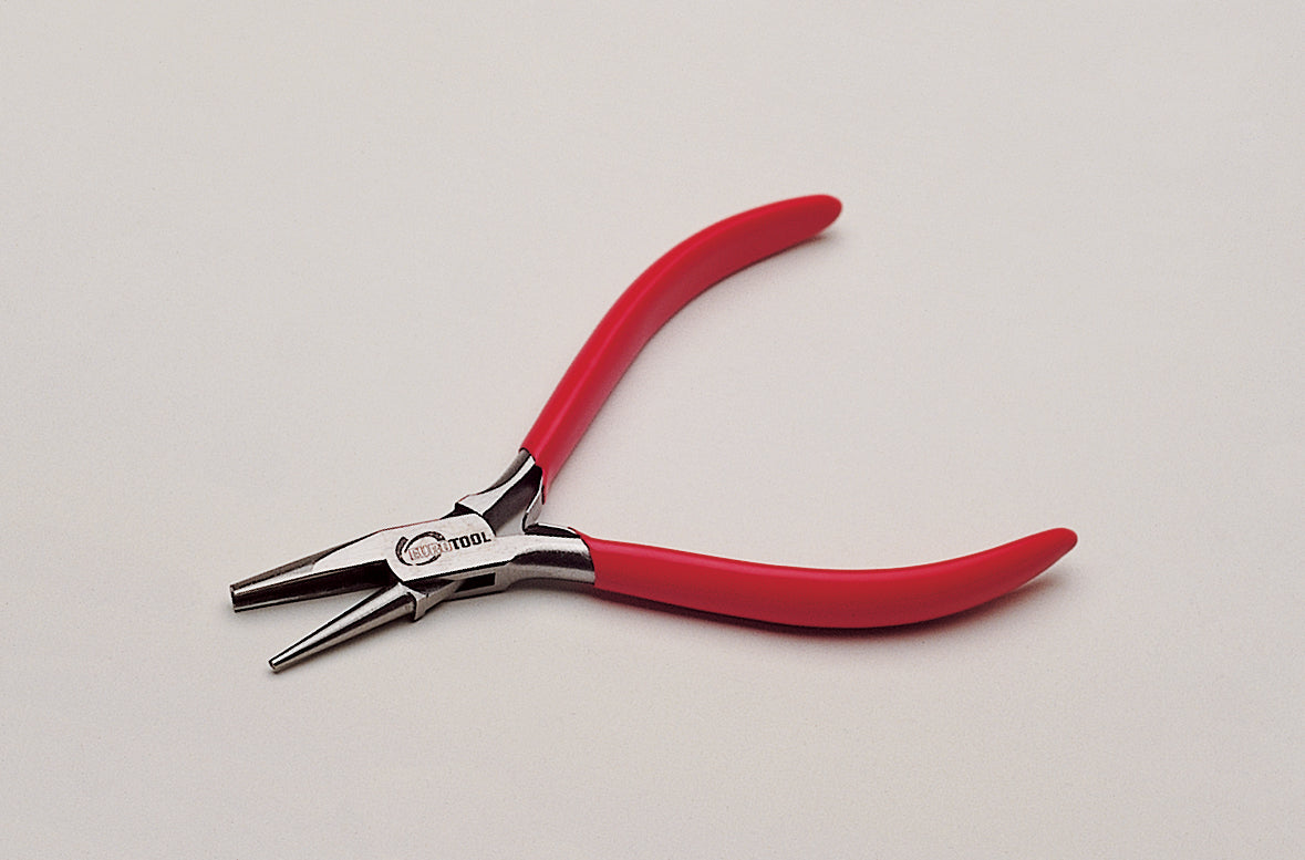 5-1/2" Concave bending round nose pliers with red ergonomic handles for precision jewelry and metalworking tasks