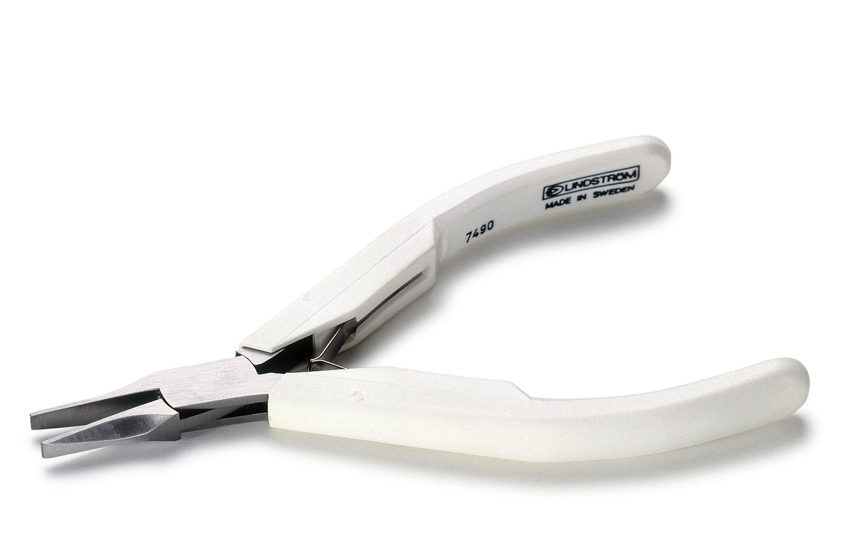 Lindstrom Supreme 7490 flat nose pliers with precise jaw alignment and ergonomic white handles for electronics and jewelry assembly