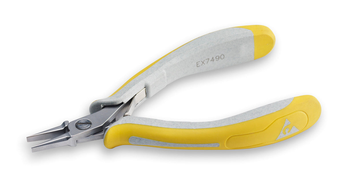 Lindstrom EX7490 5-1/4 inch flat nose pliers with yellow ergonomic handles for precision gripping in electronics and jewelry making