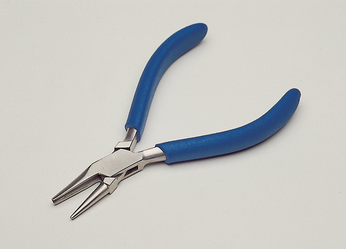 5 inch round nose concave bending pliers with blue textured PVC grips and stainless steel box-joint construction