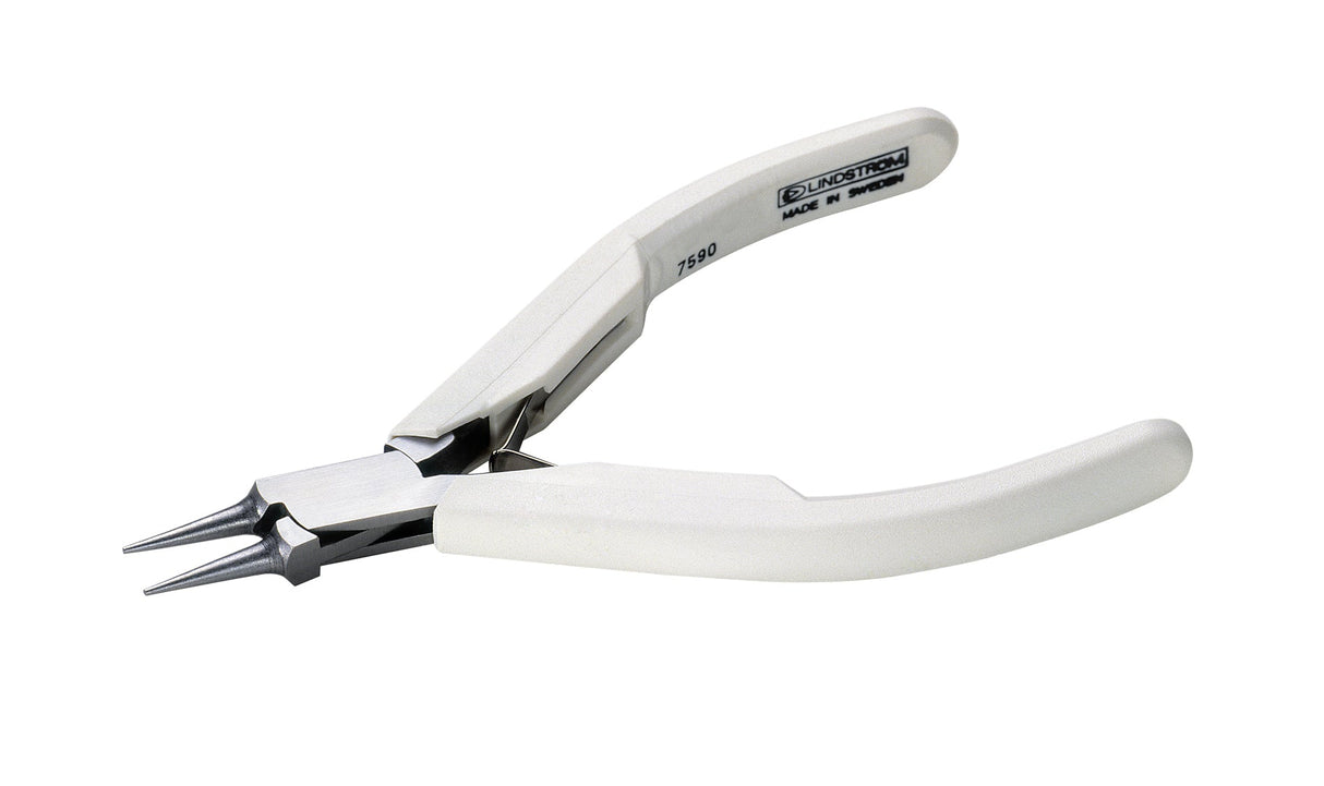 Lindstrom Supreme 7590 round nose pliers with ergonomic white handles for precise jewelry and electronics work