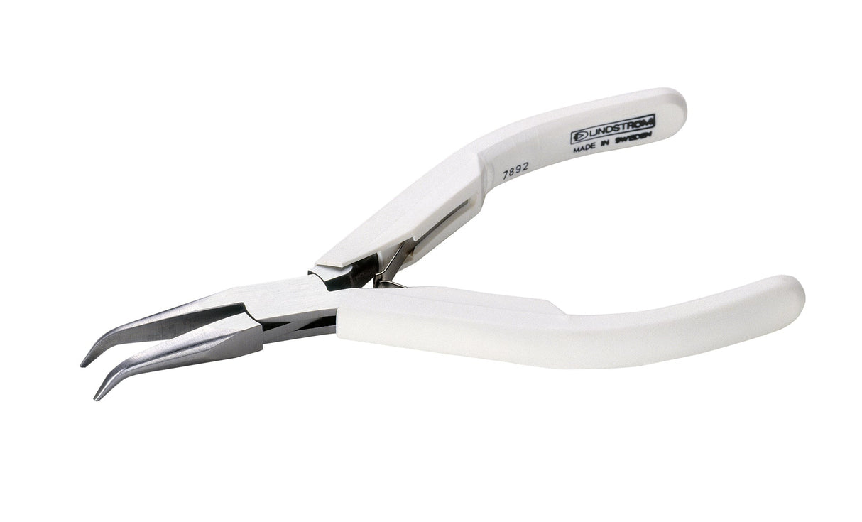 Lindstrom Supreme 7892 bent chain nose pliers with precision jaws and ergonomic white handles