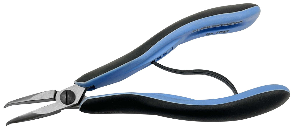 Lindstrom RX7892 bent chain nose pliers with blue and black ergonomic Micro-Touch handles for precision work
