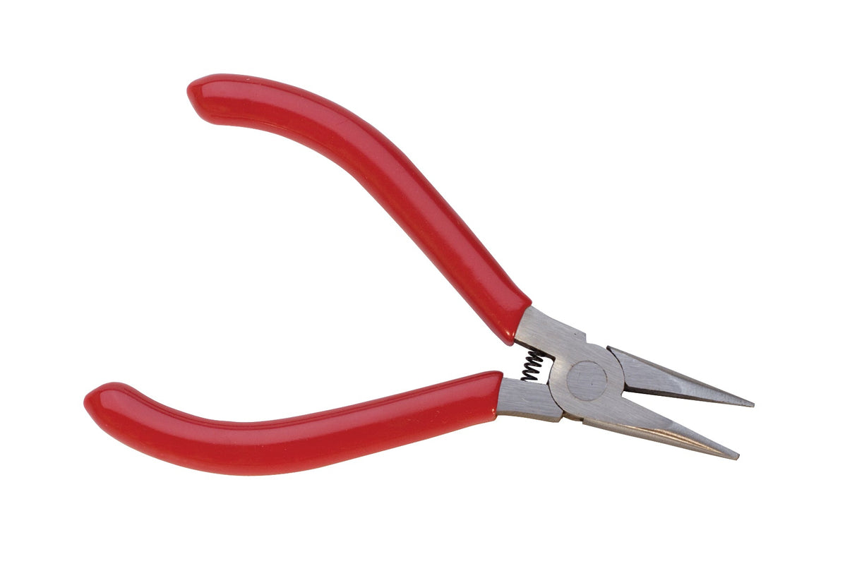 4-1/2 inch chain nose pliers with red PVC handles and precision tips for jewelry and electronics work