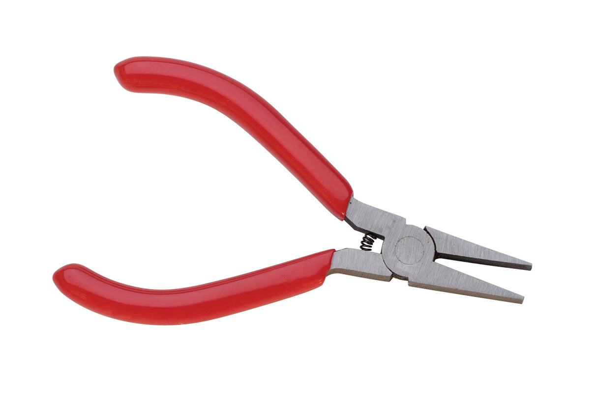 4-1/2 inch flat nose pliers with red PVC grips and coil spring for precise handling and durability