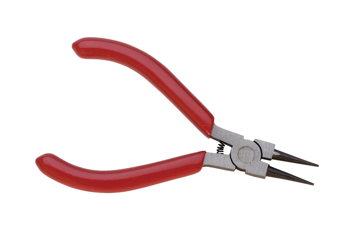 4-1/2 inch round nose pliers with red PVC grips and fine-point tips for precision work