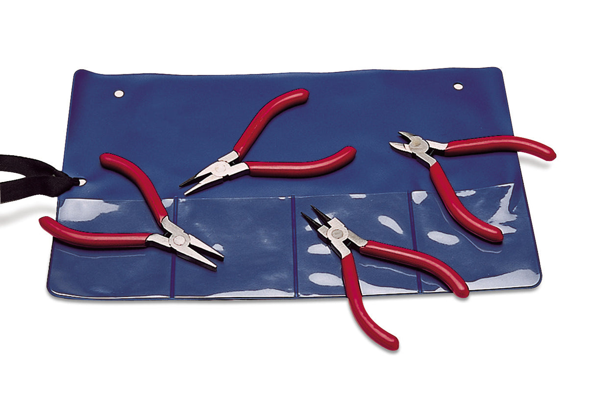 4-1/2 inch 4-piece plier set with red PVC handles and blue storage pouch for precise gripping and versatile repairs