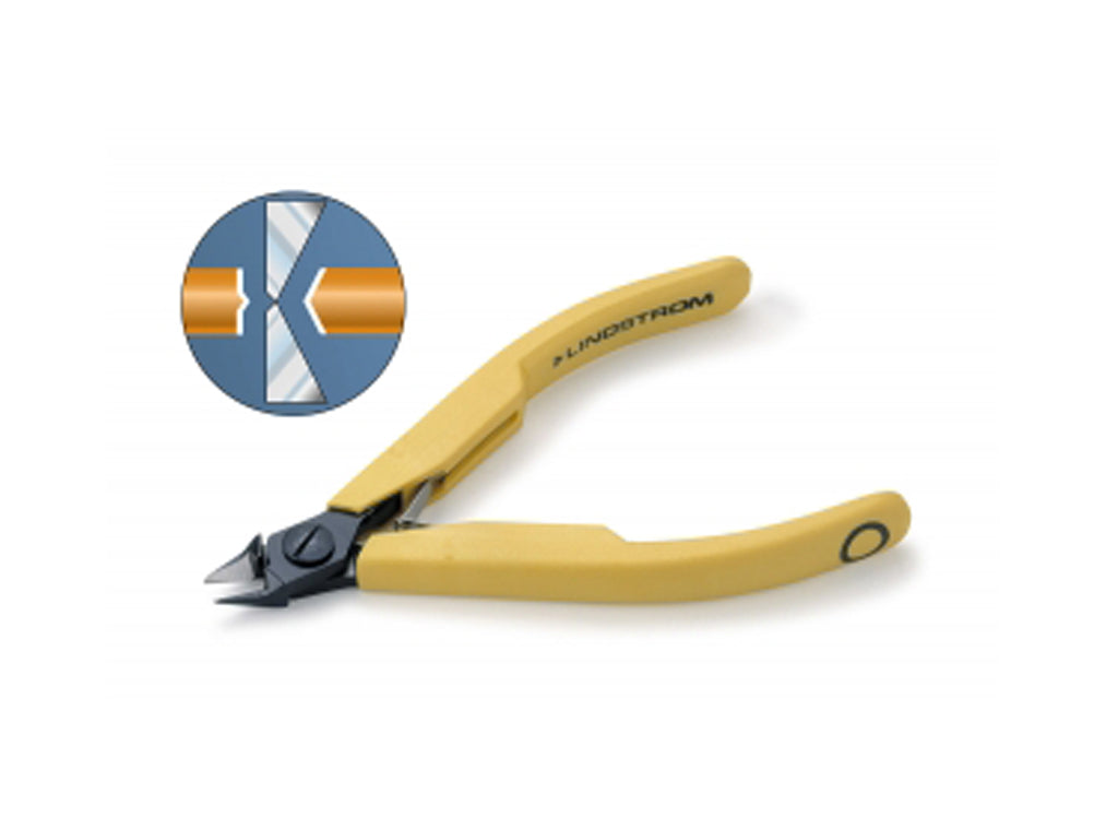 Lindstrom 8147 tapered relieved flush cutters with ergonomic yellow handles and precision cutting blades for electronics and fine wire.