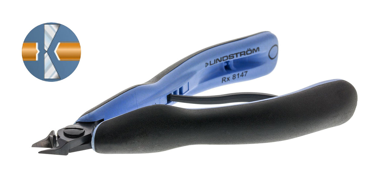 Lindstrom RX8147 tapered relieved flush cutters with ergonomic Micro-Touch handles for precision cutting in tight spaces