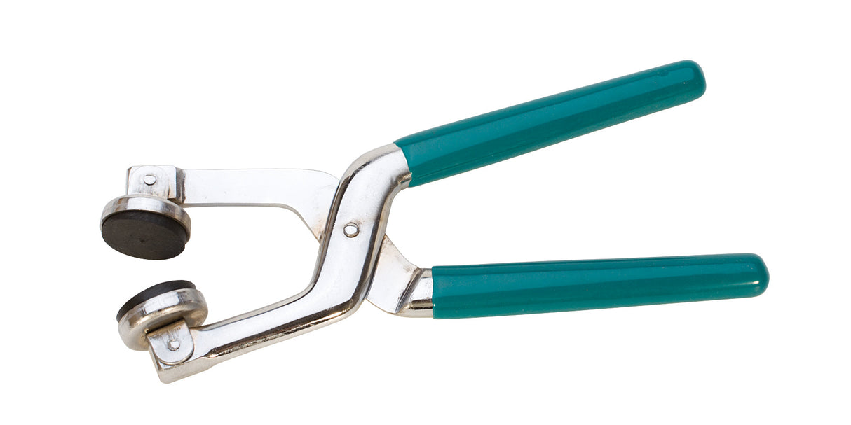 7-3/4" watch case closing pliers with rubber-lined jaws and teal handles for precision watch repair