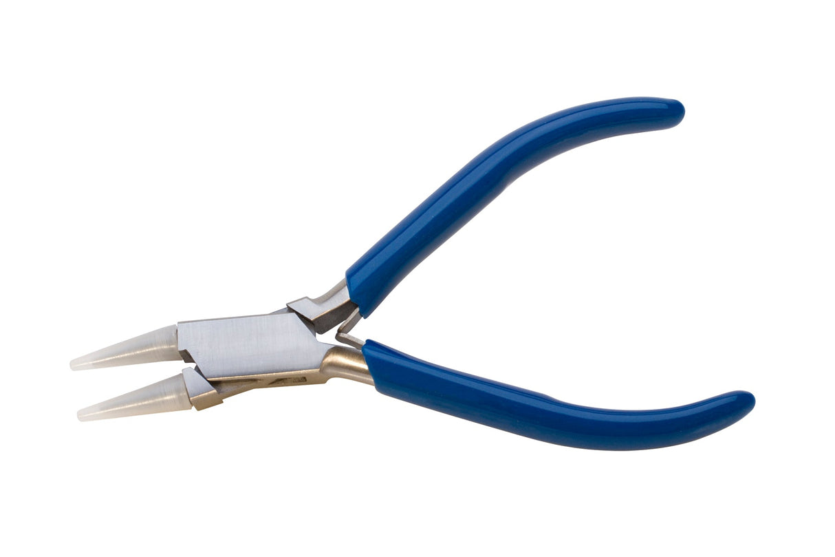 Small round nose pliers with nylon tips and blue PVC grip for precision crafting