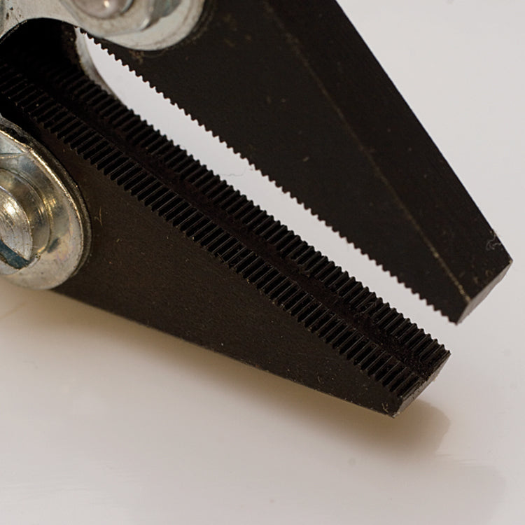 Close-up of 5-inch flat nose serrated parallel action pliers jaws with serrated gripping surfaces