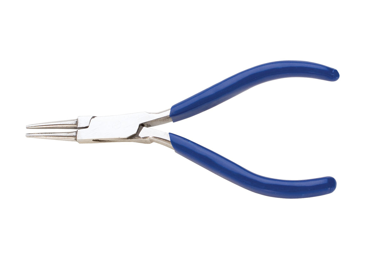 4-3/4" Round Nose Pliers with blue PVC grips, stainless steel, ideal for jewelry making and wire shaping.