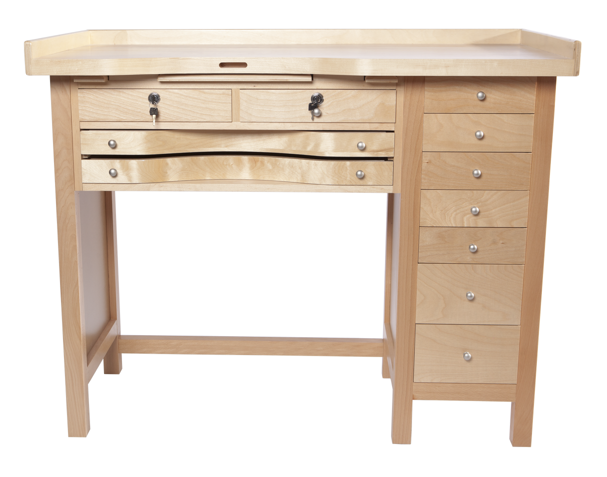 9 drawer Mastercraft Jewelers Bench with GRS-ready birch plywood countertop and pull-out arm rests