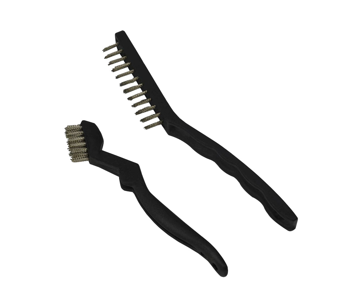 Pack of 2 steel bristle brushes with offset grooved PVC handles for detail cleaning