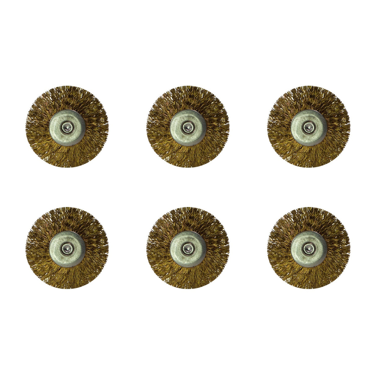 Set of six 3/4 inch brass wire wheel brushes with 3/32 inch mandrels for rotary tools