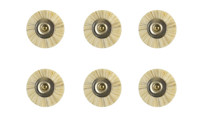 6-pack of 3/4 inch mounted white hair brushes with 3/32 inch shanks for metal and jewelry polishing