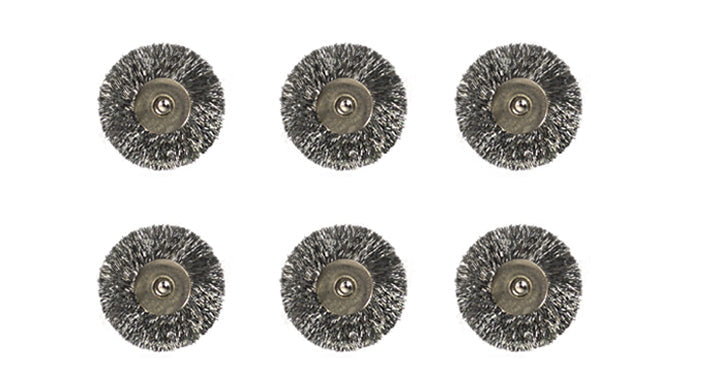 Set of 6 unmounted steel wire wheel brushes with stiff crimped bristles for rotary machines and precision cleaning.