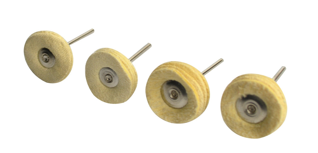 4-pack 1-inch chamois mounted polishing buff wheels with 4-ply soft chamois and metal shanks for high-shine finishing