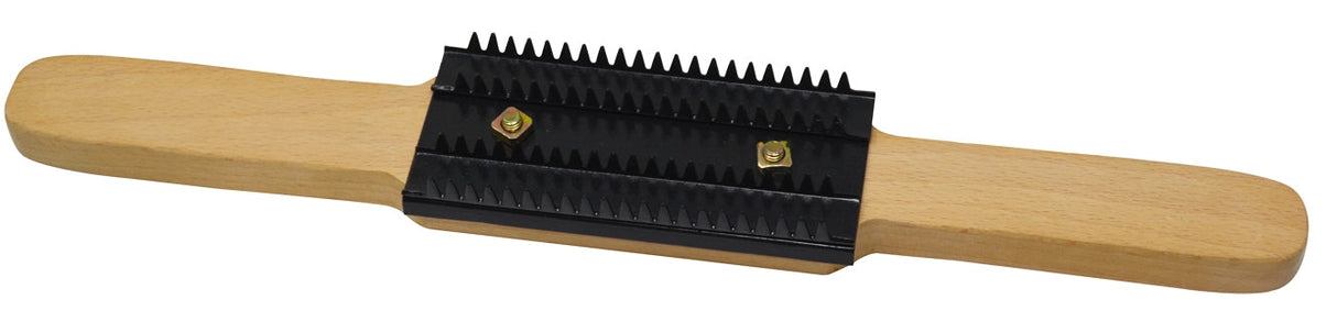 Buff Rake Tool with wooden handle and serrated edge for cleaning jewelry polishing buffs and maintaining buffing wheels