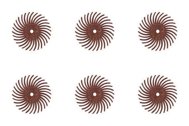 Set of six 3/4 inch red 3M Micron Radial Discs with 220 grit for metal finishing and cleaning