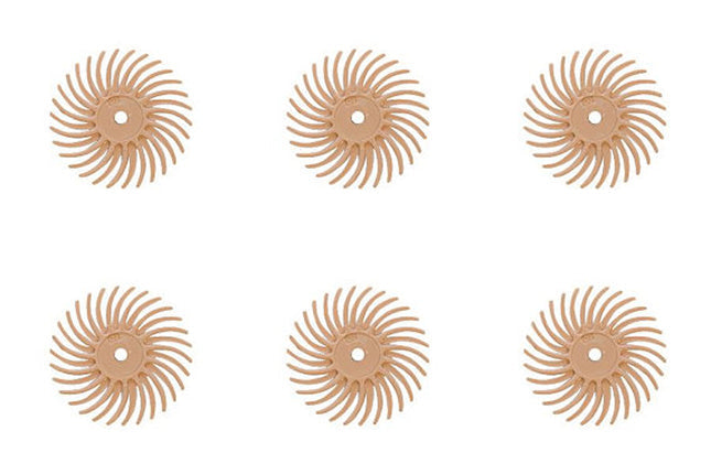 6-Piece Peach 3M 6 Micron Radial Discs set for metal finishing, 9/16 inch, flexible bristles, no compounds needed
